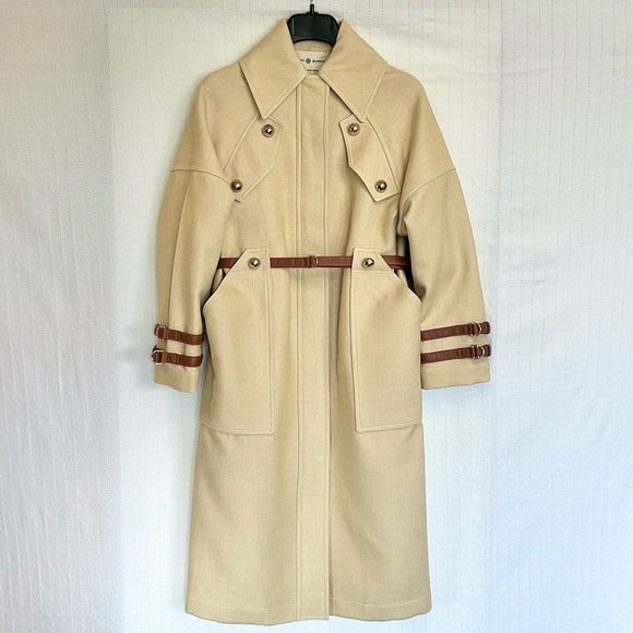 NWT Tory Burch Oversized Trench Coat in Structured Cotton with Leather Trim - Picture 7 of 12